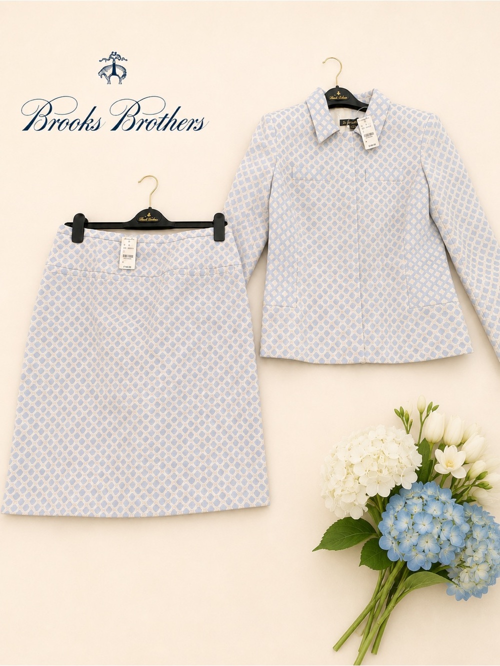 NWT Brooks Brothers Blue Ivory Jacquard Skirt Suit 2 Pc Size 6 (blazer)/8 skirt)